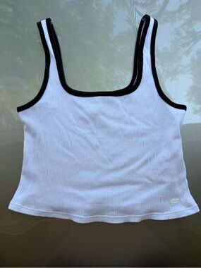 Fabletics White Ribbed Tank with Black Trim